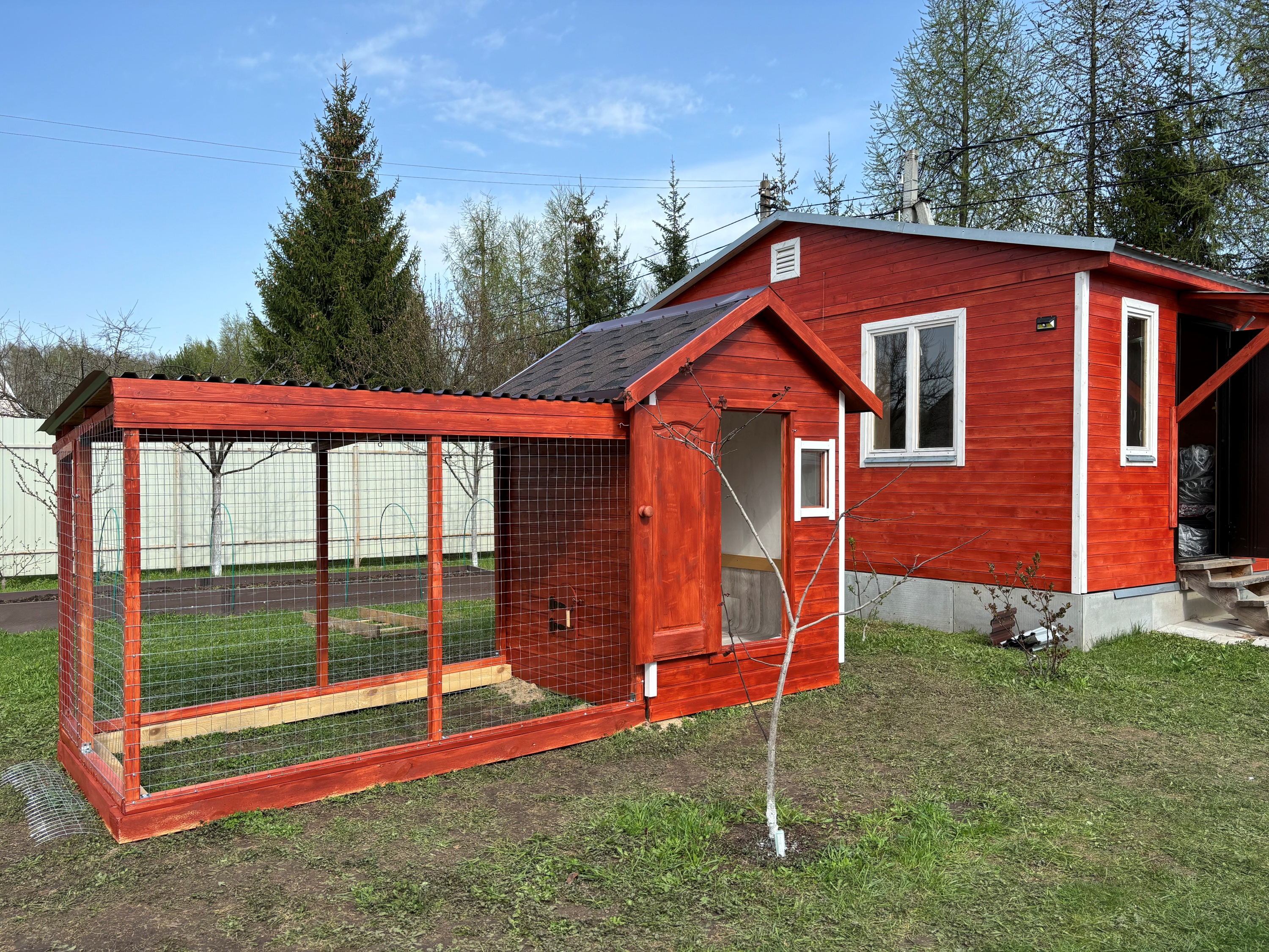 Стильный деревянный курятник в загородном саду с курами на зелёной траве